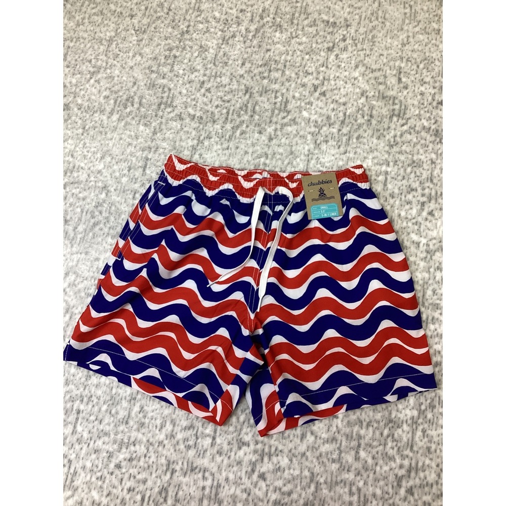 Chubbies The Doodle Dances 5.5" Swim Trunks Red White Blue Wavy Small NEW